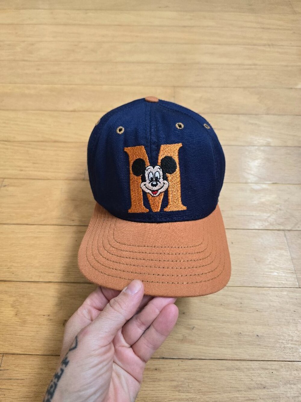 vintage 90's | Disney Mickey Mouse navy tan colorblock made in USA snapback
